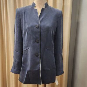 Travis Ayers Dressbarn Sz 10 Lined 100% Silk Blazer Shark Gray White Trim NWT